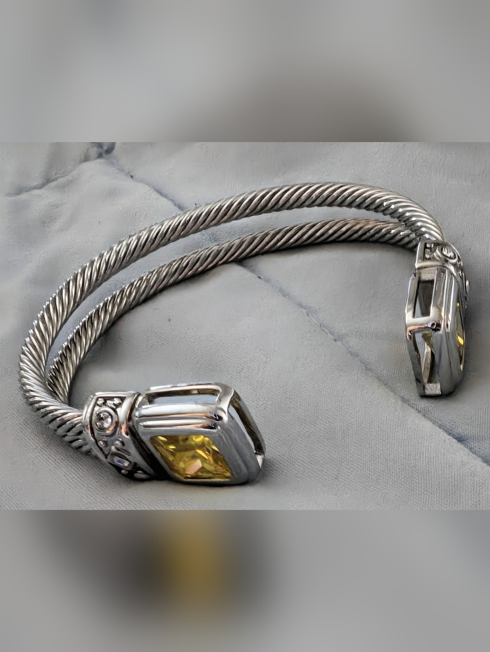 Sterling-Style Twisted Cable Bracelet with Yellow Gem Accent